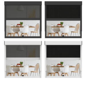 Quattro diverse opzioni per la tenda a rullo esterna CLIP`N`SHADE: tenda a rullo bianca con tessuto opaco, tenda a rullo bianca con tessuto trasparente, tenda a rullo nera con tessuto opaco, tenda a rullo nera con tessuto trasparente