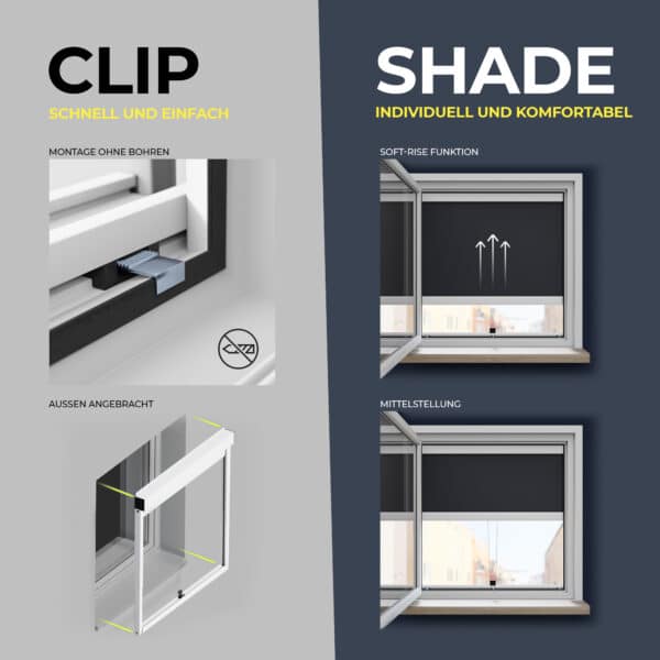 Installazione semplice senza trapano - Tenda a rullo esterna Clip'n'Shade