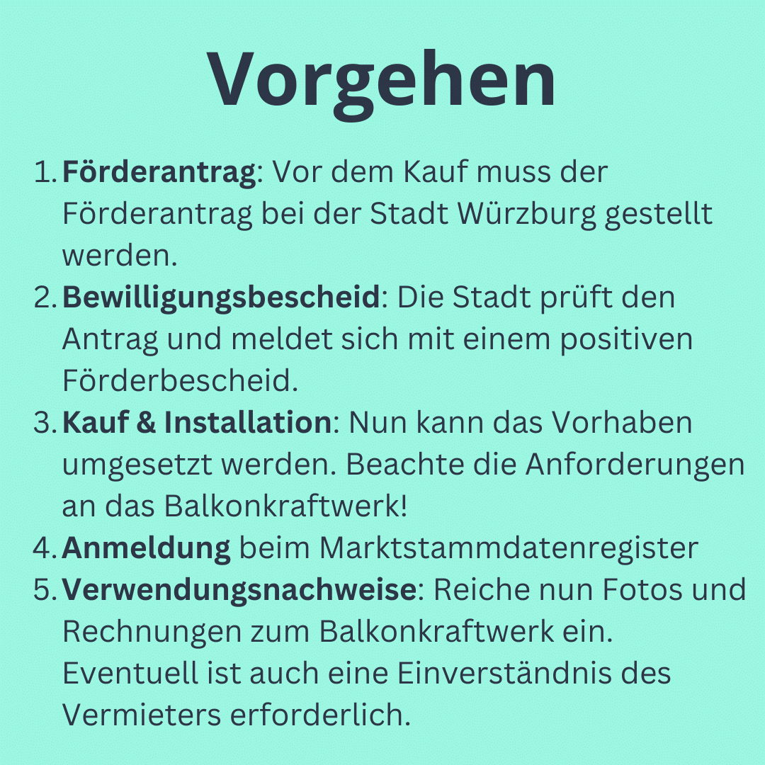 Procedura per l'ottenimento di una sovvenzione di 200 euro per una centrale elettrica da balcone da parte della città di Würzburg.