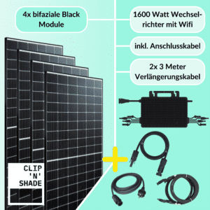 Set di centrali elettriche da balcone da 1600W, composto da un inverter Hoymiles HMS-1600-4T da 1600W e da 4 moduli Full Black da 430Wp con cavo di collegamento e 2 cavi di prolunga da 3m.