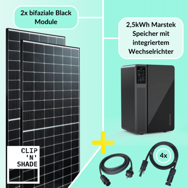 Centrale elettrica da balcone da 800W composta da 2 moduli fotovoltaici e sistema di accumulo Marstek con inverter integrato da 800W.