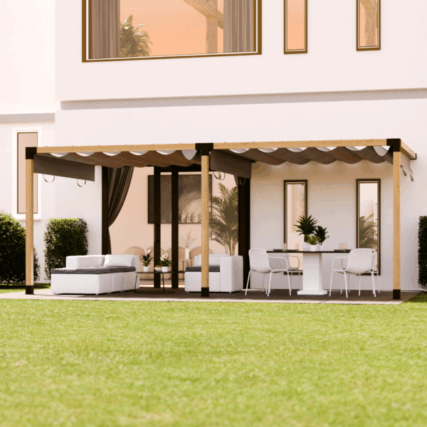 Copertura a pergola doppia con collegamento a parete e tetto scorrevole in tessuto 2