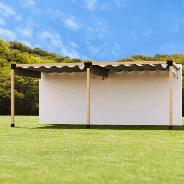 Copertura a pergola doppia con collegamento a parete e tetto scorrevole in tessuto 4
