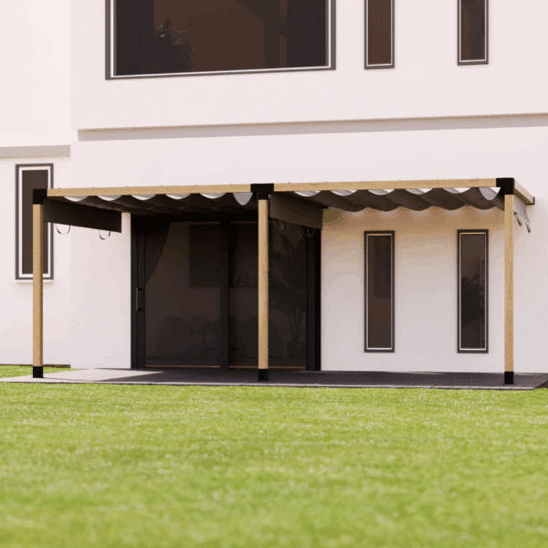 Copertura a pergola doppia con collegamento a parete e tetto scorrevole in tessuto 5