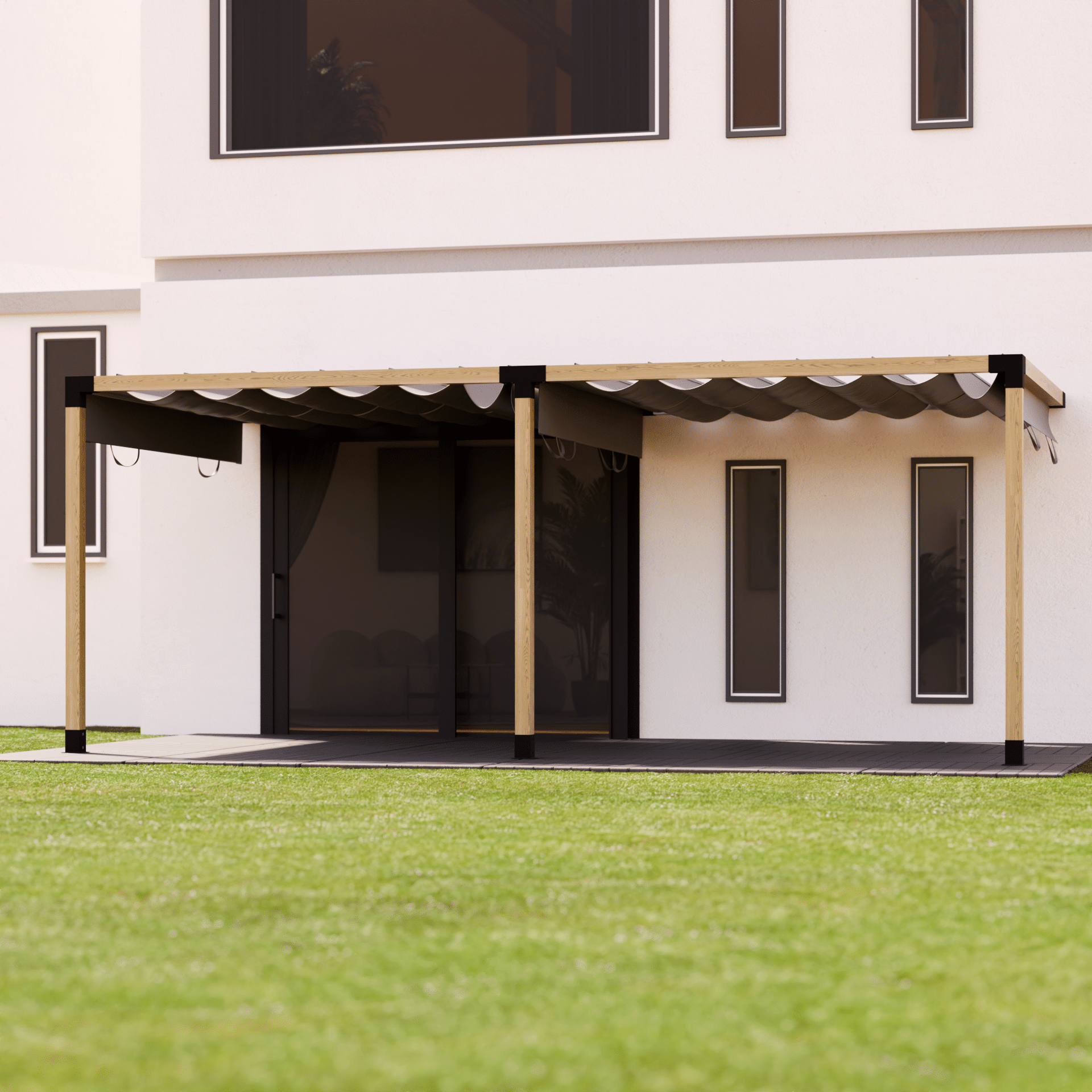 Copertura a pergola doppia con collegamento a parete e tetto scorrevole in tessuto 5