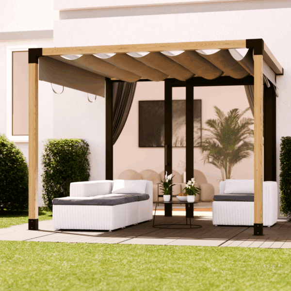 Copertura a pergola con attacco a parete e tetto scorrevole in tessuto 2