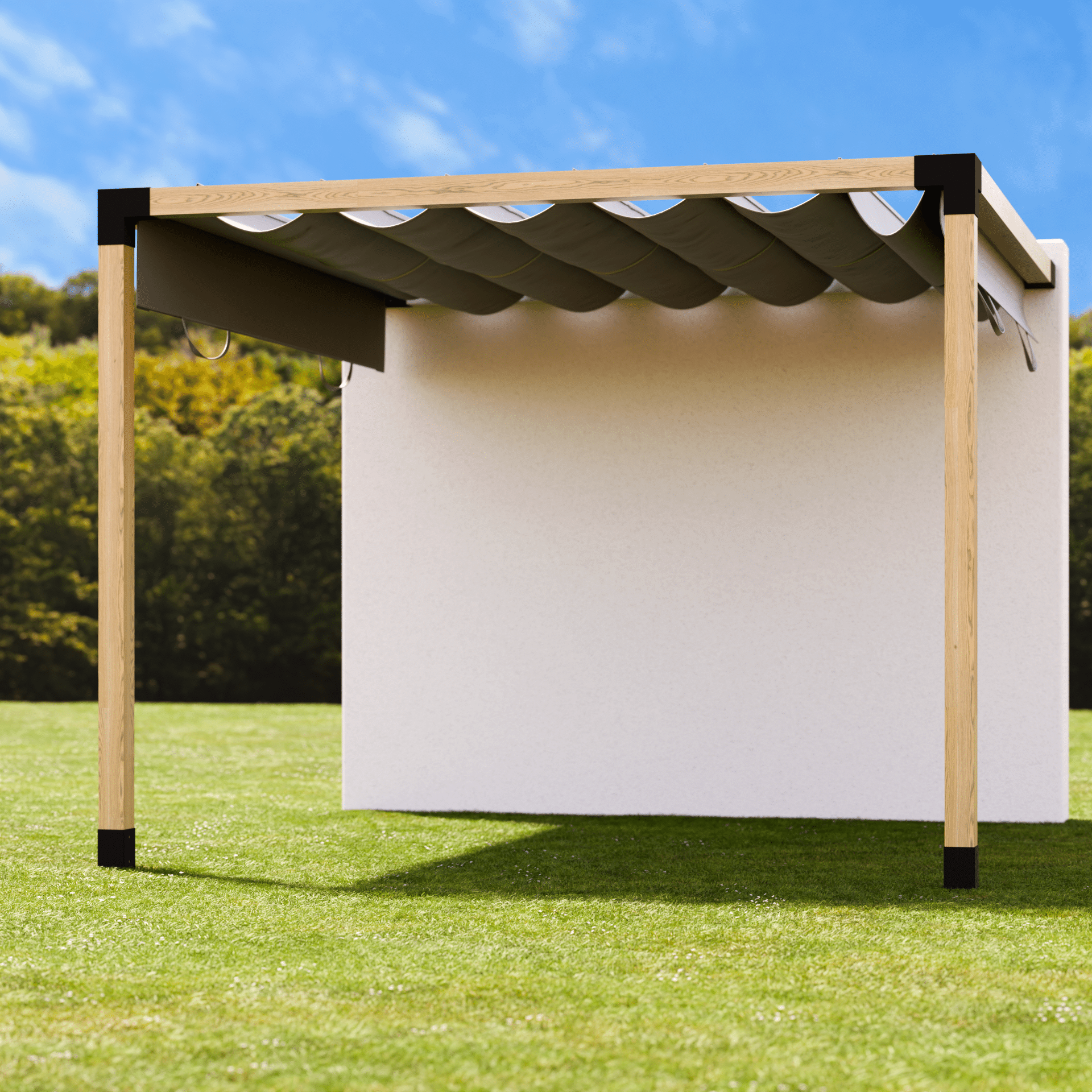 Copertura a pergola per patio con collegamento a parete e tetto scorrevole in tessuto